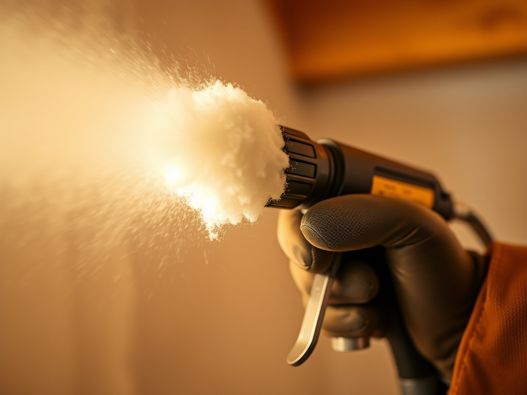 Close-up of a spray foam insulation gun applying cured foam texture