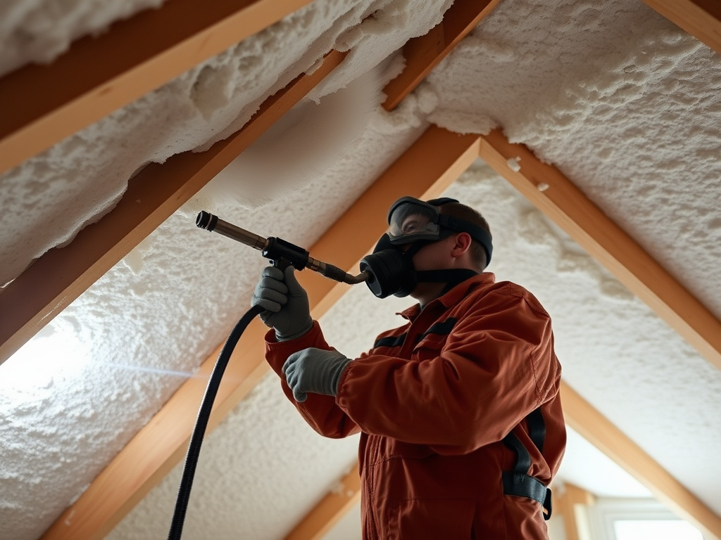 Technician spraying foam insulation onto an attic roof deck